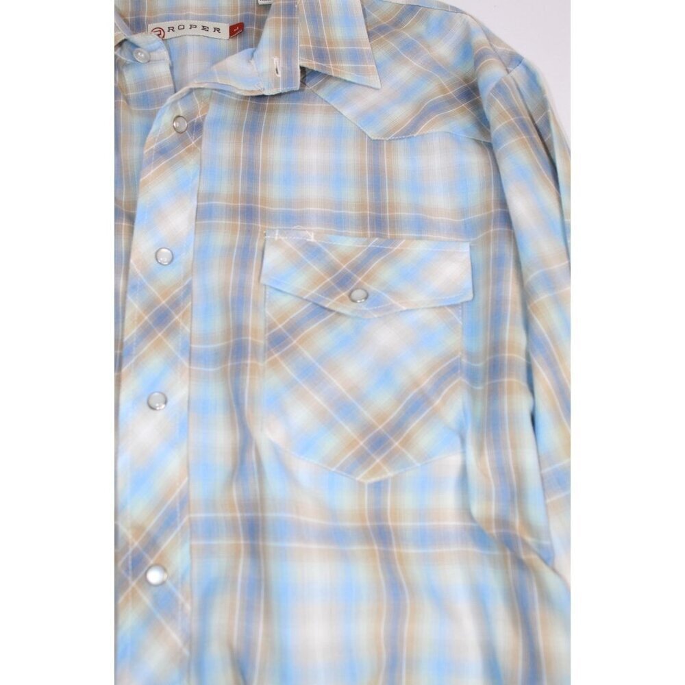 Roper Men's Cowboy Shirt L Blue Tan Plaid Western Pearl Snap Casual Fit Relaxed - Picture 10 of 15
